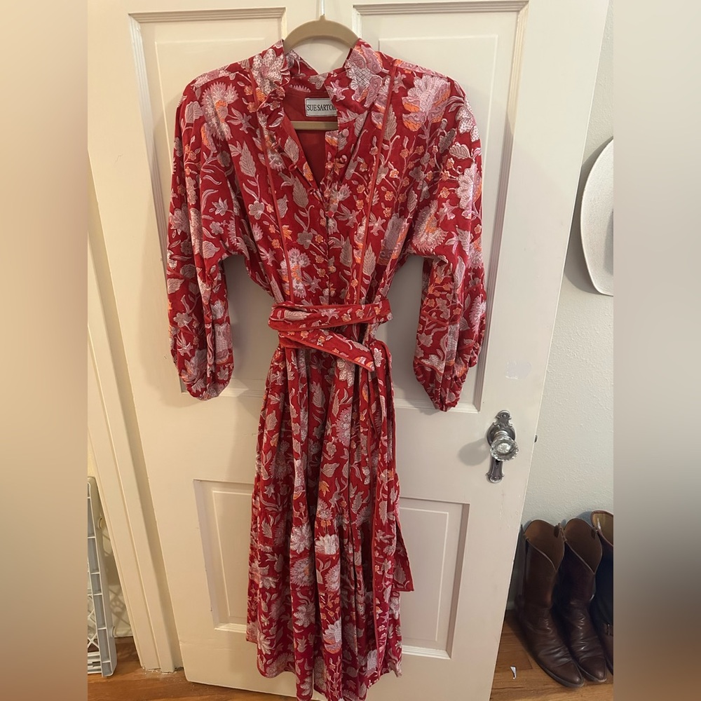 Sue Sartor Paloma Flounce Dress in Cranberry - size S/M.